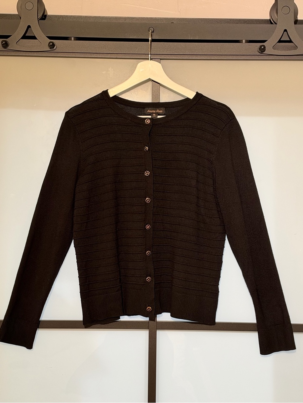 Amore Rose Black Textured Knit Cardigan Gold Clover Buttons M